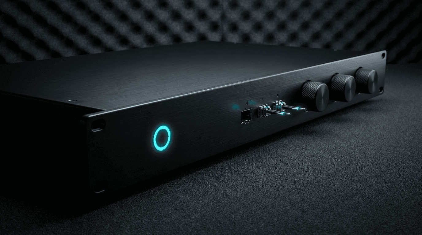 Concept render of the Quantum Lock appliance — a rack-mounted unit with fibre-optic ports and a cyan status ring